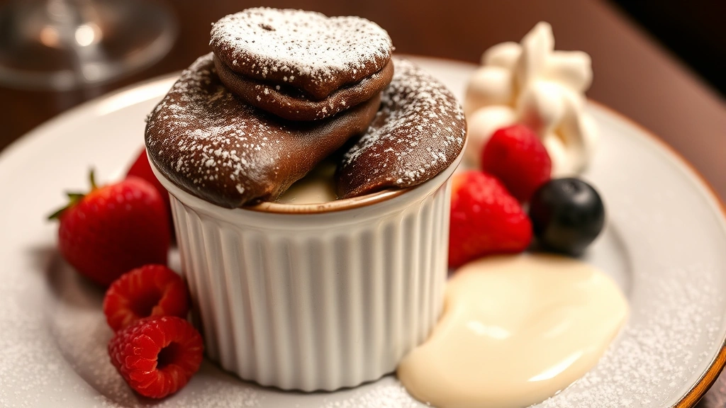 Elegant chocolate soufflé rising above ramekin with creamy interior, dusted with powdered sugar, accompanied by crème anglaise sauce and fresh berries, photographed with warm ambient lighting