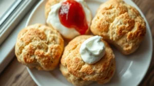 Overhead shot of warm, golden-brown scones with flaky layers visible, served on white ceramic plate with clotted cream and fresh strawberry jam, soft natural window lighting highlighting butter-enriched texture and delicate crumb structure