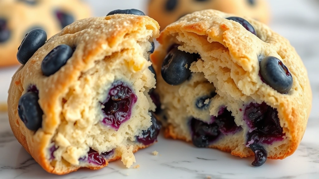 Close-up detail of freshly baked blueberry scone broken in half showing tender interior crumb, bursting blueberries, and layers created by folded butter, steam rising, professional bakery setting with marble countertop