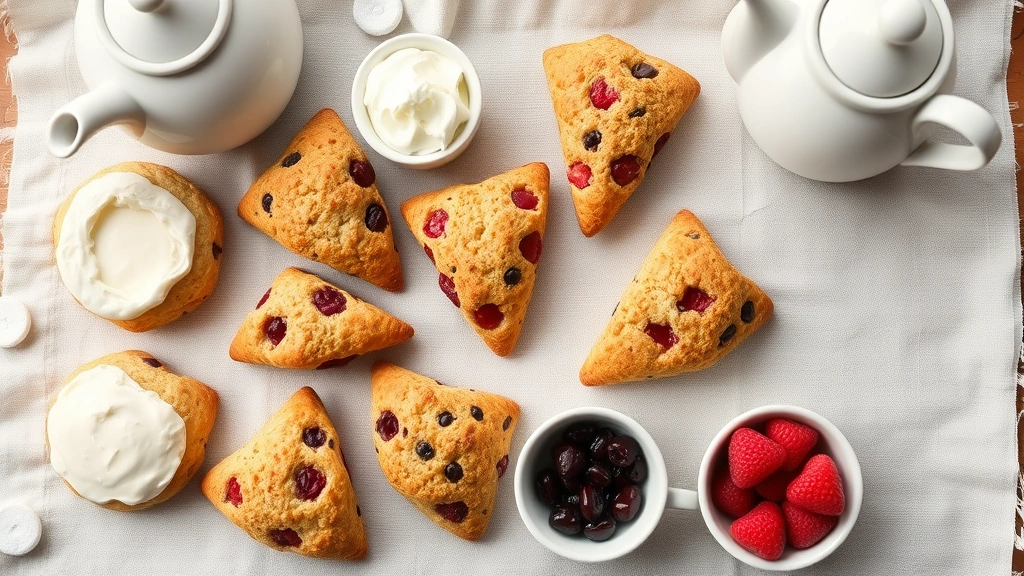 Rustic flat-lay composition of assorted Utah scone varieties arranged on linen cloth: plain, berry-filled, chocolate chip, and seasonal variations, paired with small bowls of clotted cream, preserves, and fresh berries, afternoon tea setting with teapot and cups visible
