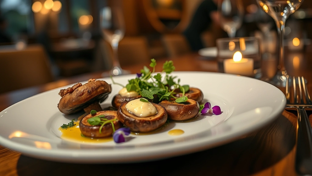 Artfully plated fine dining dish featuring wild mushrooms with herb butter, microgreens, and edible flowers on white ceramic plate, warm candlelit restaurant ambiance, shallow depth of field, professional food photography