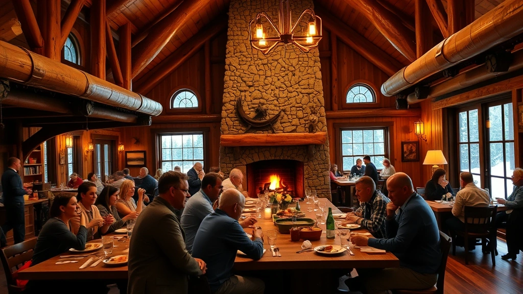 Rustic mountain lodge interior with wood beams and stone fireplace, diners enjoying casual meal at communal wooden table, warm amber lighting, cozy alpine atmosphere, people enjoying food and conversation