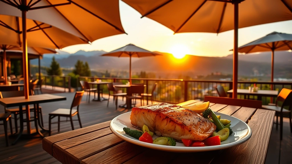 Outdoor patio dining scene overlooking Sierra Nevada mountains at golden hour, wooden deck with umbrella-covered tables, grilled salmon and fresh vegetables on plates, sunset light casting warm glow, mountain peaks in background