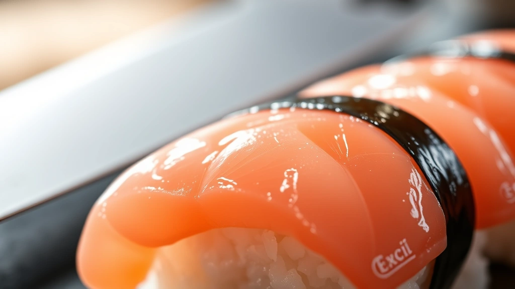 Close-up of pristine nigiri sushi with glistening raw fish, delicate rice grains visible, chef's knife blur in background, professional sushi counter setting, dramatic side lighting highlighting translucent fish quality