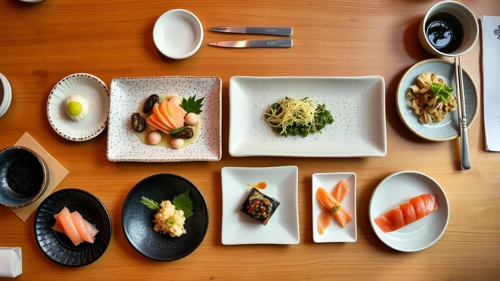 Overhead view of artfully arranged omakase course progression, multiple small plates with varied Japanese preparations, wasabi dollop, pickled ginger, minimalist ceramic dishware, soft natural lighting on wooden sushi counter
