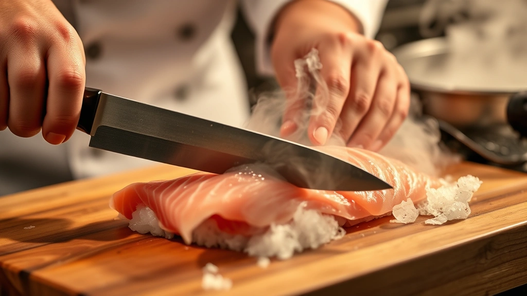 Action shot of sushi chef's hands expertly slicing fish with professional Japanese knife, showing knife technique and precision, premium fish fillet on wooden board, steam rising from hot water in background, concentrated focus on blade work