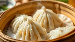 Close-up of steaming Asian dumplings in bamboo basket with condensation droplets, golden pan-fried bottoms visible, delicate pleats detailed, ginger and scallions blurred in background, warm natural light