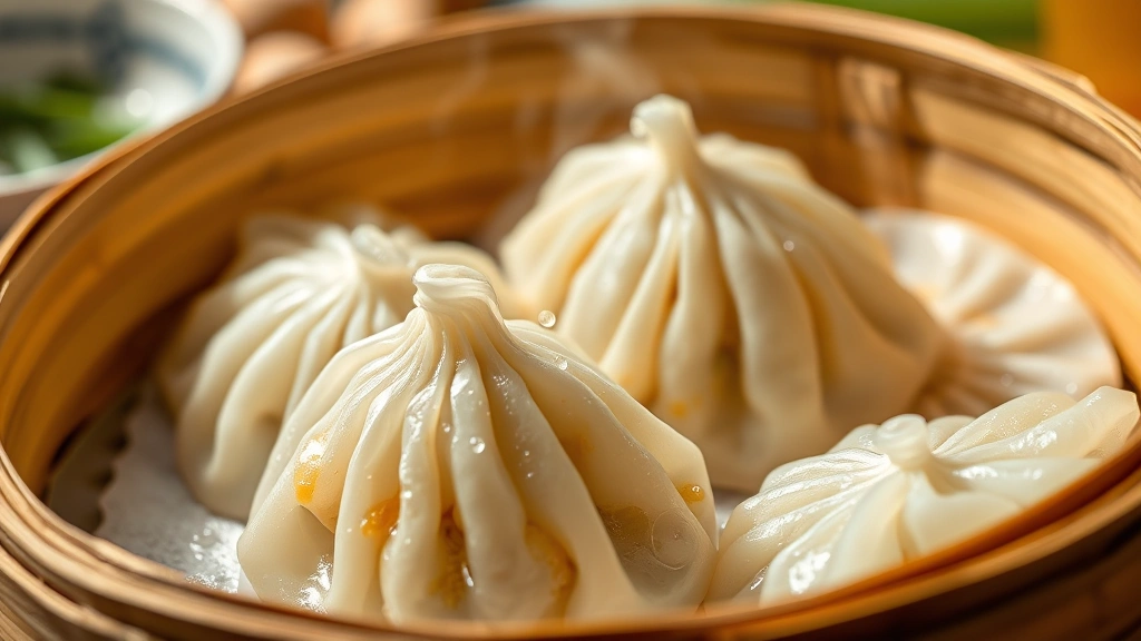 Close-up of steaming Asian dumplings in bamboo basket with condensation droplets, golden pan-fried bottoms visible, delicate pleats detailed, ginger and scallions blurred in background, warm natural light