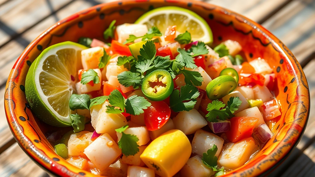 Colorful Mexican ceviche bowl with fresh lime-cured fish, diced red onion, cilantro garnish, jalapeño slices, avocado, served in rustic ceramic dish, beach-inspired aesthetic, vibrant afternoon sunlight