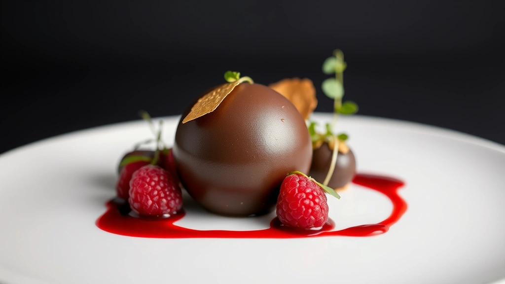 Elegant plated fine dining dessert with chocolate sphere, gold leaf accents, raspberry coulis drizzle, microgreens, white plate against dark background, professional culinary presentation, shallow depth of field