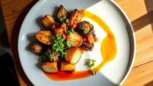Overhead shot of artfully plated vegan fine dining dish with roasted vegetables, microgreens, and vibrant sauce on white plate, professional restaurant setting, warm natural lighting