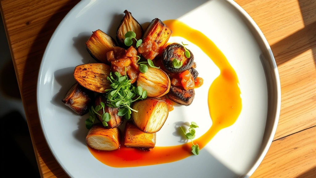 Overhead shot of artfully plated vegan fine dining dish with roasted vegetables, microgreens, and vibrant sauce on white plate, professional restaurant setting, warm natural lighting