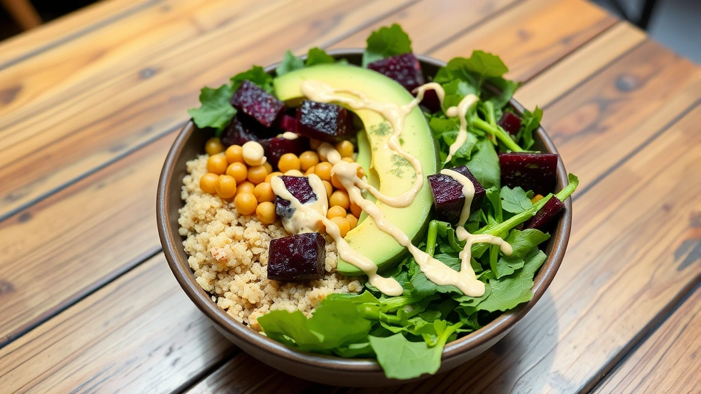 Vibrant Buddha bowl with quinoa, roasted beets, avocado, chickpeas, fresh greens, and tahini drizzle, rustic wooden table, cafe atmosphere, appetizing composition