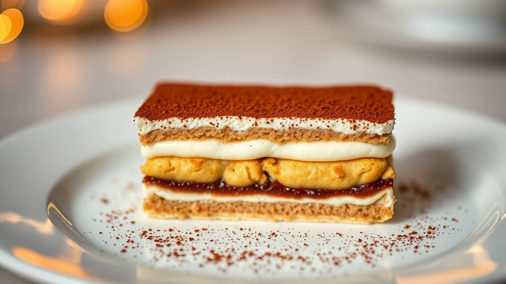 Elegant tiramisu cross-section showing distinct layers of creamy mascarpone, espresso-soaked ladyfingers, fresh cocoa powder dusting, served on sophisticated white plate with minimal garnish, warm ambient lighting emphasizing delicate textures