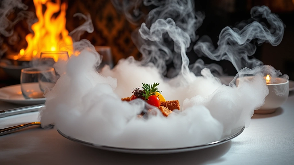 Dramatic dry ice volcanic smoke swirling around an elegant plated dish on a fine dining table, with flames and theatrical lighting in background, professional food photography