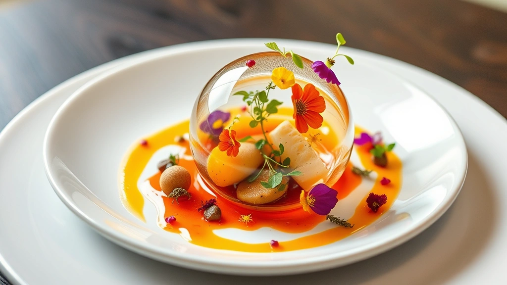 Molecular gastronomy sphere bursting with vibrant sauce, delicate micro herbs and edible flowers arranged artfully, elegant white plate, fine dining presentation style