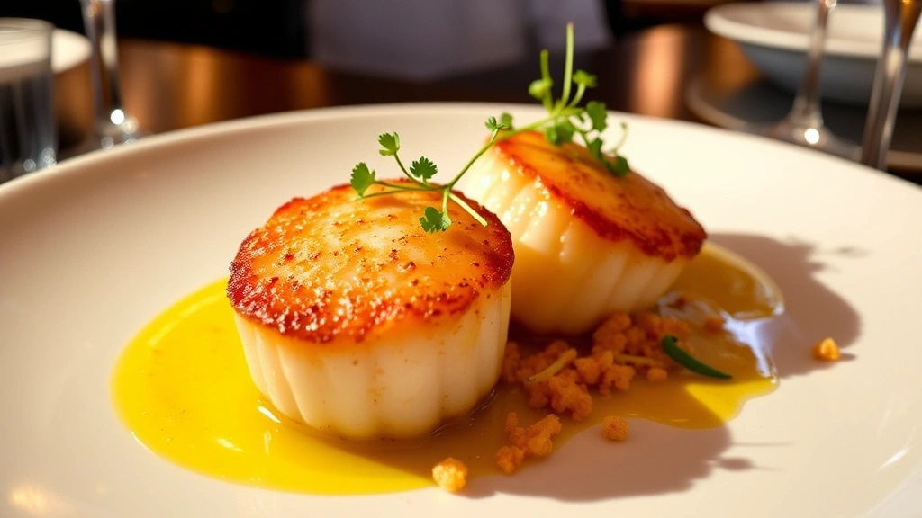 Perfectly seared scallops with golden crust, buttery interior, vibrant lemon beurre blanc, microgreens, crispy panko on white plate, professional plating, restaurant lighting