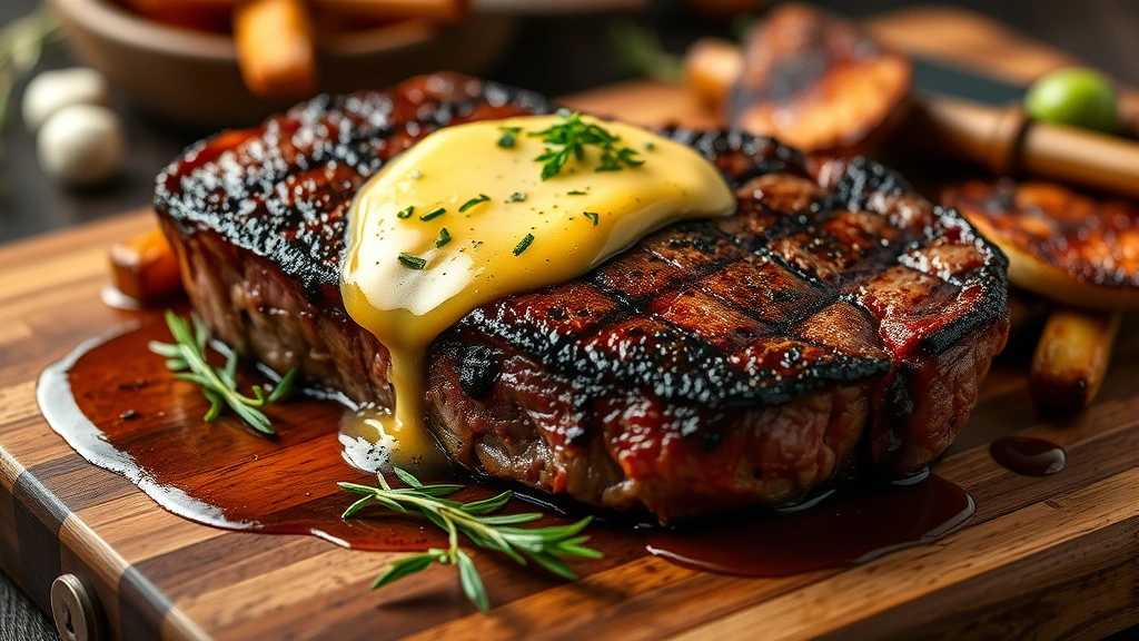 Medium-rare dry-aged beef steak with deep caramelized crust, melting compound herb butter, demi-glace, roasted vegetables, wooden cutting board, fine dining presentation