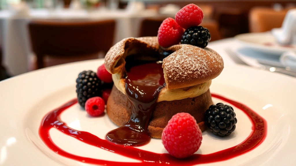 Elegant chocolate soufflé with molten center, dusted cocoa powder, fresh berries, berry coulis drizzle, elegant white plate, restaurant ambiance, professional pastry work