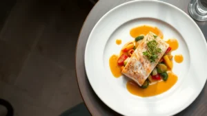 Overhead shot of artfully plated local fish fillet with vibrant seasonal vegetables, glossy pan sauce, and microgreens on white ceramic plate, natural window lighting, restaurant table setting visible