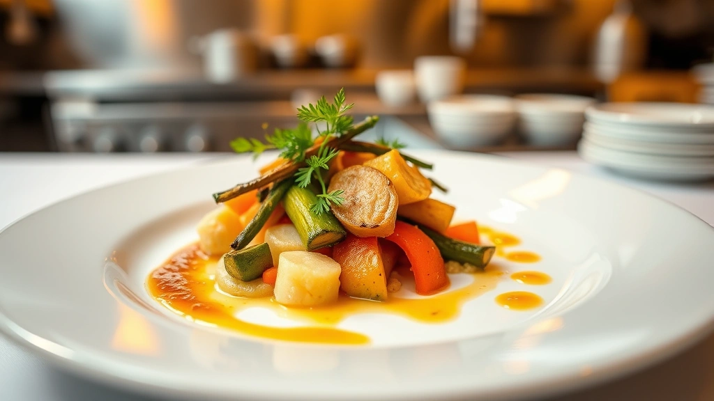 Artfully plated fine dining dish featuring seasonal Walla Walla vegetables, herb garnish, and reduction sauce on white porcelain, professional restaurant kitchen background, golden lighting
