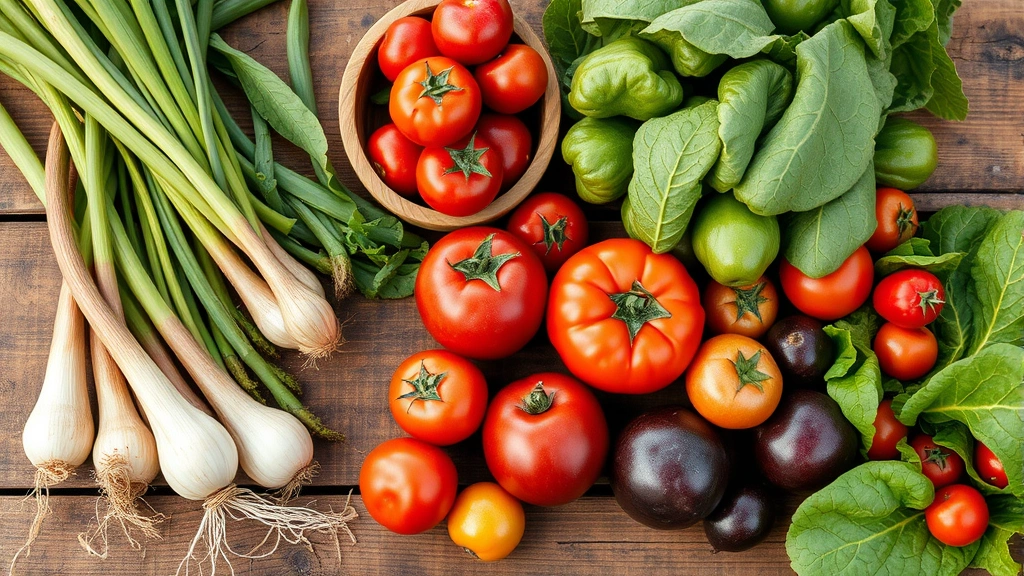 Rustic wooden farm table laden with fresh local produce including Walla Walla sweet onions, heirloom tomatoes, stone fruits, and leafy greens with morning dew