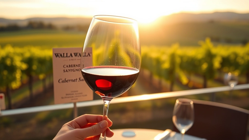 Wine glass containing deep red Walla Walla Cabernet Sauvignon held against vineyard landscape, golden hour sunlight, blurred grapevines in background, elegant restaurant table setting