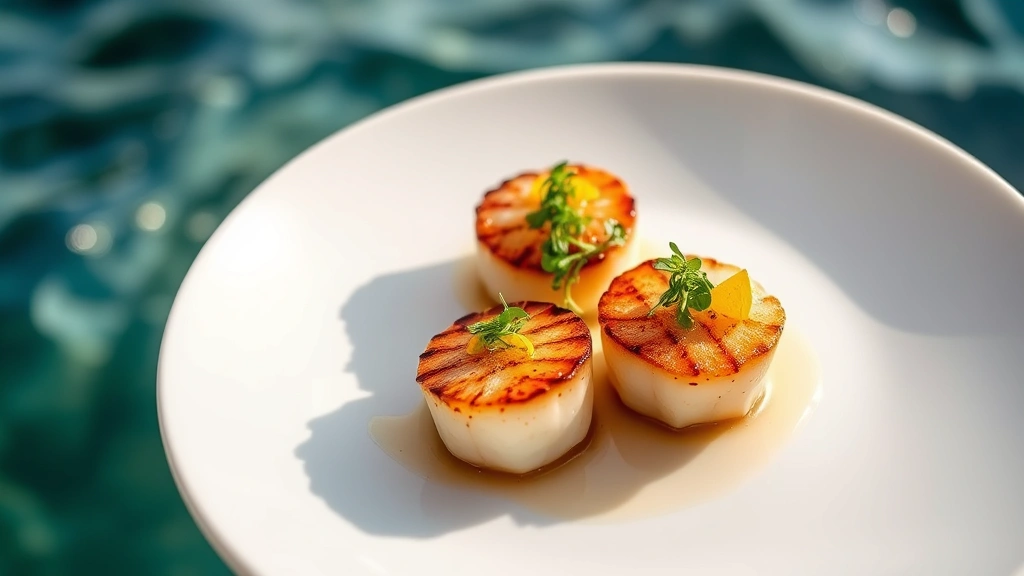 Perfectly seared diver scallops with golden caramelization, garnished with microgreens and citrus zest, plated on white ceramic with ocean water blurred in background, professional culinary photography, natural lighting, overhead perspective