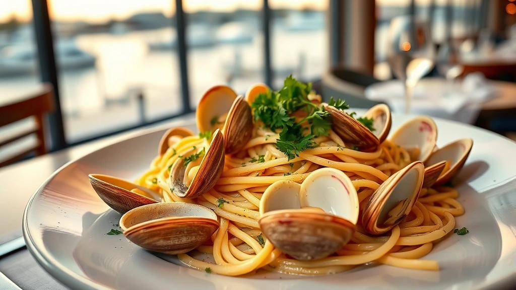 Vibrant linguine alle vongole with Manila clams, fresh parsley, and white wine sauce, artfully plated with whole clams arranged around pasta nest, waterfront restaurant setting visible through window, shallow depth of field, warm ambient lighting