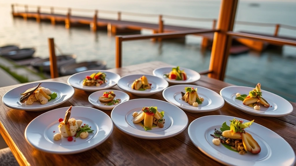 Elegant multi-course tasting menu progression displayed on wooden table overlooking water, featuring varied small plates with seafood, vegetables, and garnishes in artistic arrangement, sunset golden hour lighting, multiple courses visible, sophisticated plating