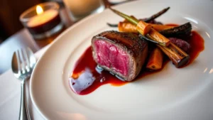 Perfectly seared elk tenderloin with huckleberry gastrique and charred root vegetables on white plate, fine dining plating, warm restaurant lighting