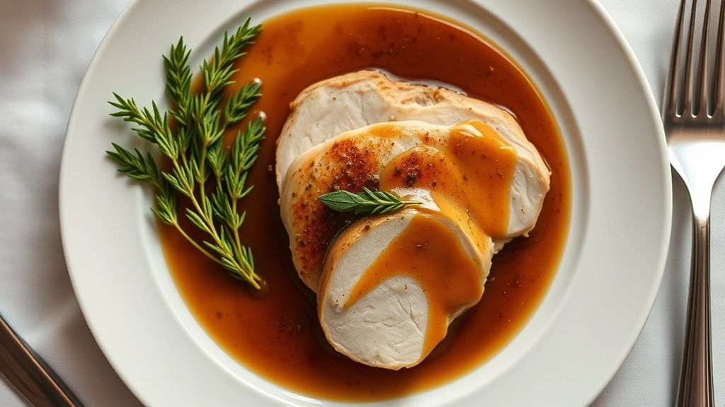 Overhead shot of elegant Thanksgiving restaurant plating: herb-brined turkey breast with golden skin, rich brown gravy, and sage garnish on fine white porcelain, professional fine dining presentation