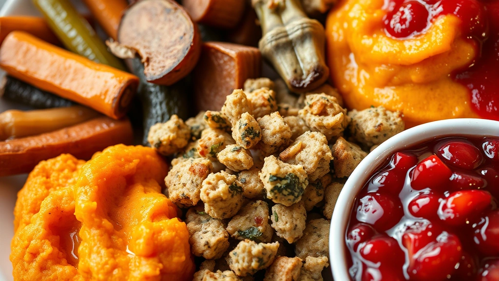 Close-up of restaurant Thanksgiving side dishes: roasted root vegetables with crispy edges, creamy sweet potato puree, herb stuffing with visible sage leaves, and vibrant cranberry sauce in warm lighting
