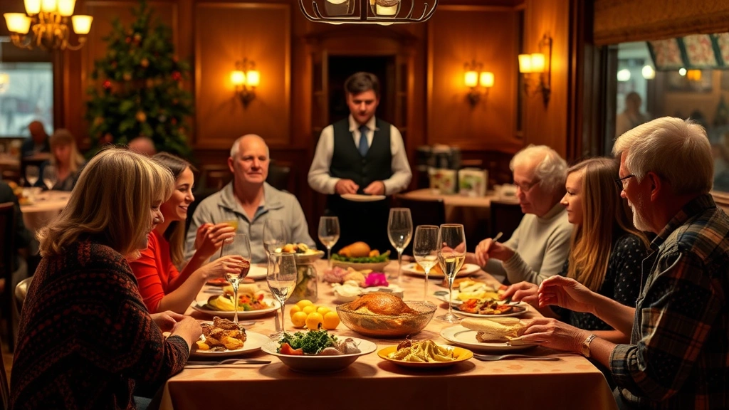 Restaurant dining room scene: family gathered at table during Thanksgiving meal, server in background, warm ambient lighting reflecting off glassware, dishes of turkey and sides visible, convivial atmosphere