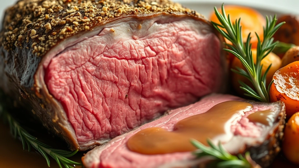 Close-up of prime rib sliced to reveal perfect medium-rare pink center with crispy herb-crusted exterior, served with roasted root vegetables and pan gravy, garnished with fresh rosemary sprigs