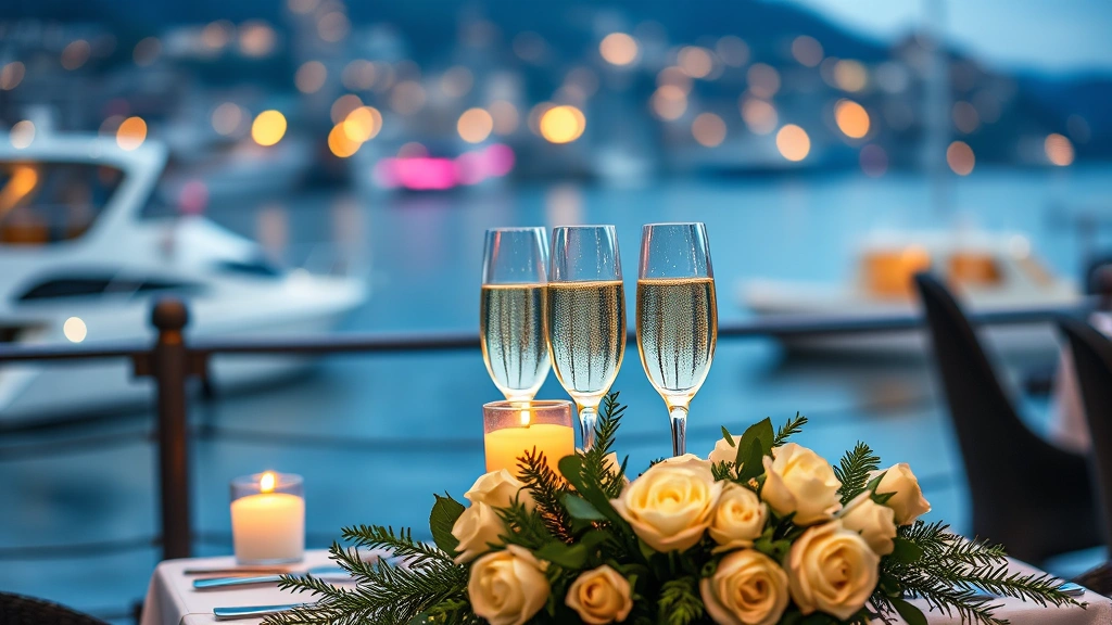 Intimate waterfront restaurant table set for two with champagne flutes, candlelit ambiance, blurred harbor and twinkling lights in background, fresh floral table arrangement with white roses and evergreen