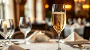 Champagne coupe glass with golden bubbles rising, elegant fine dining table setting with white linens and silver flatware, soft candlelight reflecting off glassware, blurred restaurant ambiance background