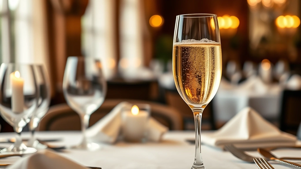Champagne coupe glass with golden bubbles rising, elegant fine dining table setting with white linens and silver flatware, soft candlelight reflecting off glassware, blurred restaurant ambiance background