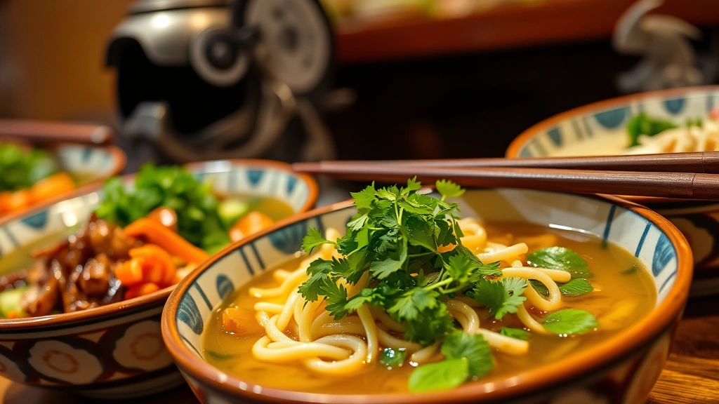 Colorful Asian dishes plated on ceramic bowls—vibrant green herbs, steaming broth with noodles, fresh vegetables, chopsticks resting on bowls, warm overhead lighting highlighting food textures and colors