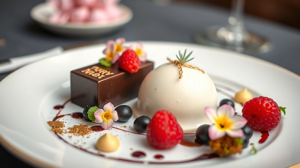 Elaborate multi-course dessert plate with chocolate elements, fresh berries, edible flowers, gold leaf accents, artistic plating on white porcelain, shallow depth of field emphasizing fine detail and composition