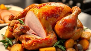 Golden-brown heritage turkey with crispy skin, carved to show tender pink meat inside, surrounded by fresh sage sprigs and roasted root vegetables on a white ceramic platter, professional restaurant kitchen lighting