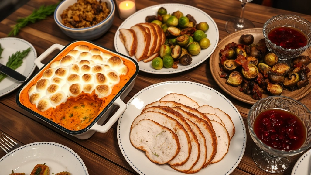 Rustic wooden table spread with multiple Thanksgiving dishes: creamy sweet potato gratin with toasted marshmallow top, herb-brined turkey breast slices, wild mushroom stuffing, roasted Brussels sprouts with bacon, cranberry sauce in crystal bowl, soft candlelight ambiance