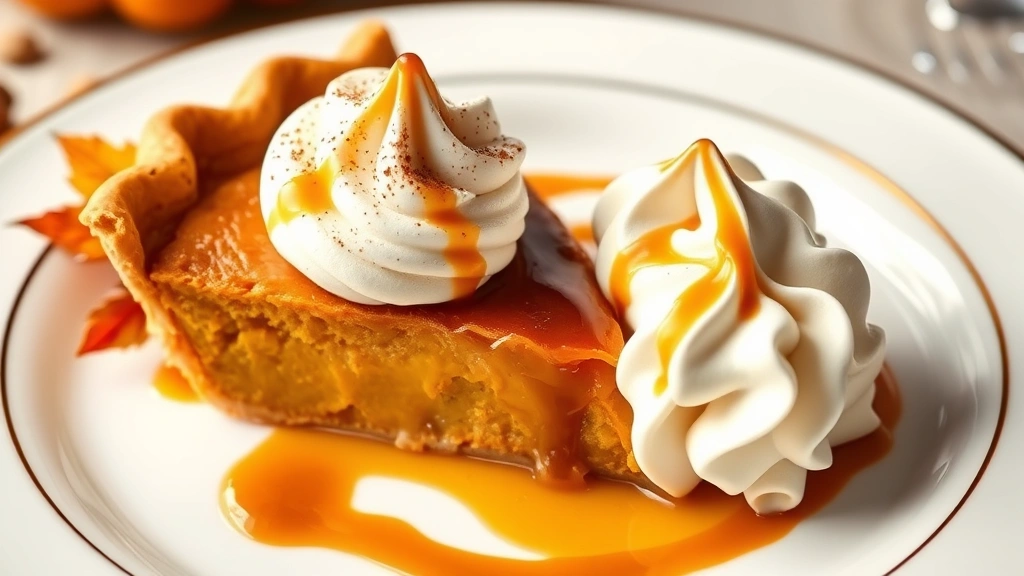 Elegant plated Thanksgiving dessert: slice of pumpkin pie with spiced whipped cream quenelle, drizzle of caramel sauce, candied pecan garnish, autumn leaf decoration, fine dining presentation on white porcelain plate with gold rim