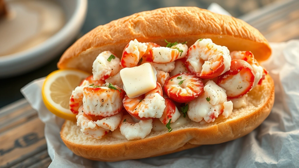 Overhead shot of buttery lobster roll on toasted brioche bun with lemon wedge, fresh herbs, and coastal Maine harbor background softly blurred