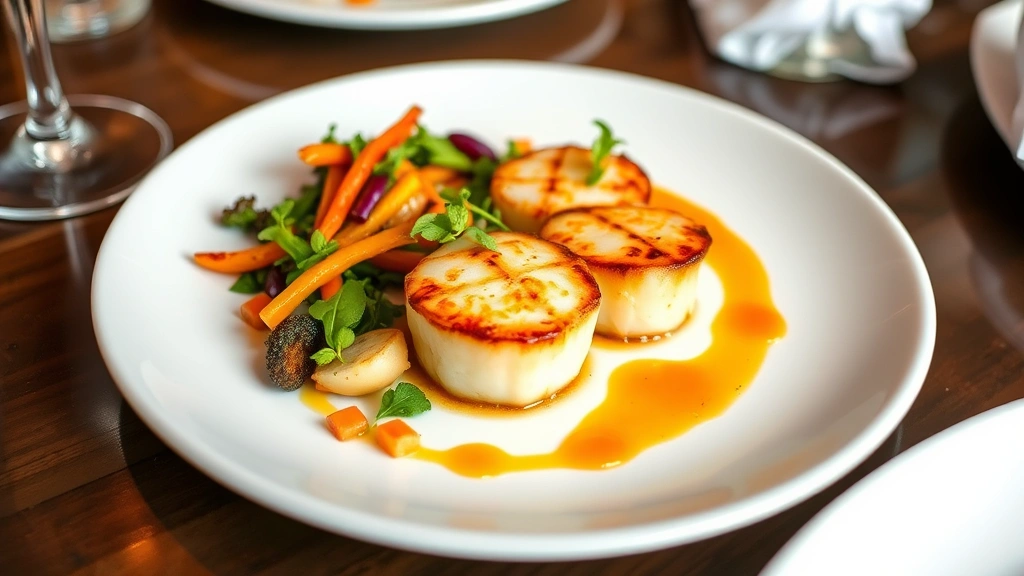 Artfully plated seared scallops with seasonal vegetables, microgreens, and vibrant sauce on white ceramic plate in fine dining restaurant setting