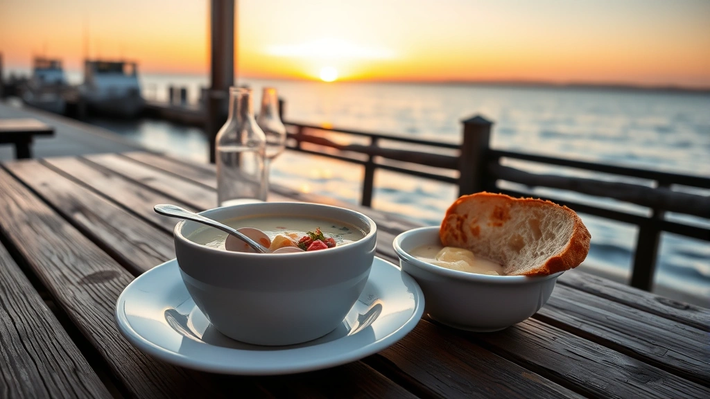 Casual waterfront wooden picnic table with steaming bowl of creamy New England clam chowder, crusty bread roll, and sunset ocean view