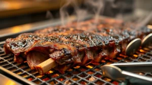 Close-up of sizzling premium beef short ribs (galbi) on a tabletop grill with perfect caramelized crust, steam rising, metal tongs nearby, warm grill light illuminating the meat's marbling