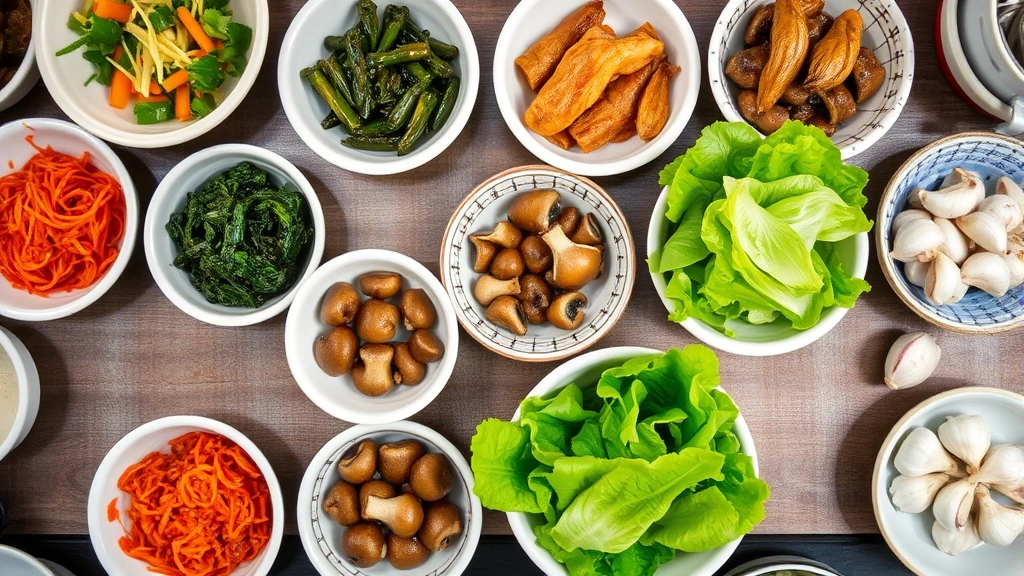 Overhead shot of a traditional Korean BBQ table setup with multiple colorful banchan side dishes in small ceramic bowls: vibrant red kimchi, seasoned spinach, marinated mushrooms, pickled vegetables, fresh green lettuce leaves, and raw garlic slices arranged artfully