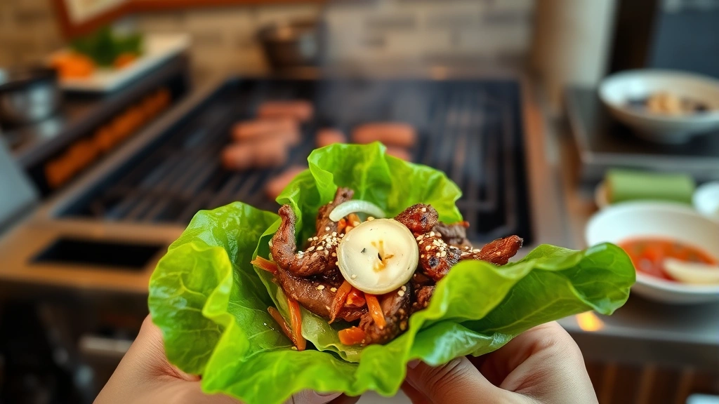 Perfectly wrapped Korean BBQ lettuce wrap in hands showing grilled beef bulgogi, kimchi, raw garlic slice, and sesame seeds inside fresh green perilla leaf, about to be eaten, with blurred grill and restaurant ambiance in background