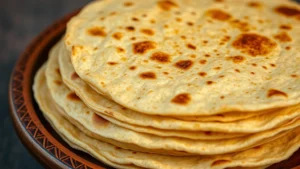 Close-up of fresh hand-pressed corn tortillas stacked on a traditional clay plate, steam rising, warm golden-brown color with charred spots from comal cooking